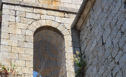 Détail d'un filet anti-pigeons sur ouverture de chambre des cloches